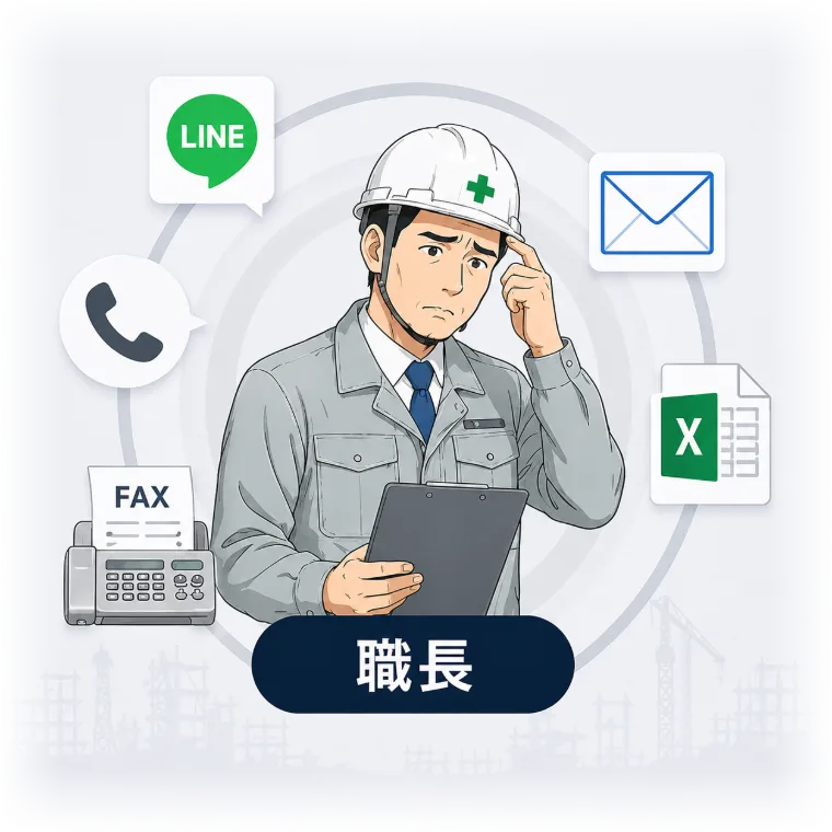 現場でバインダーと連絡を確認する職長