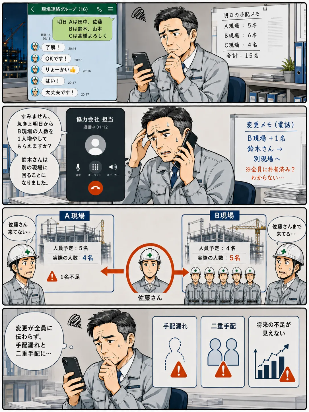 課題01：手配がLINE・電話頼みで、変更が全員に伝わらず手配漏れと二重手配が起きる様子を描いた4コマ漫画
