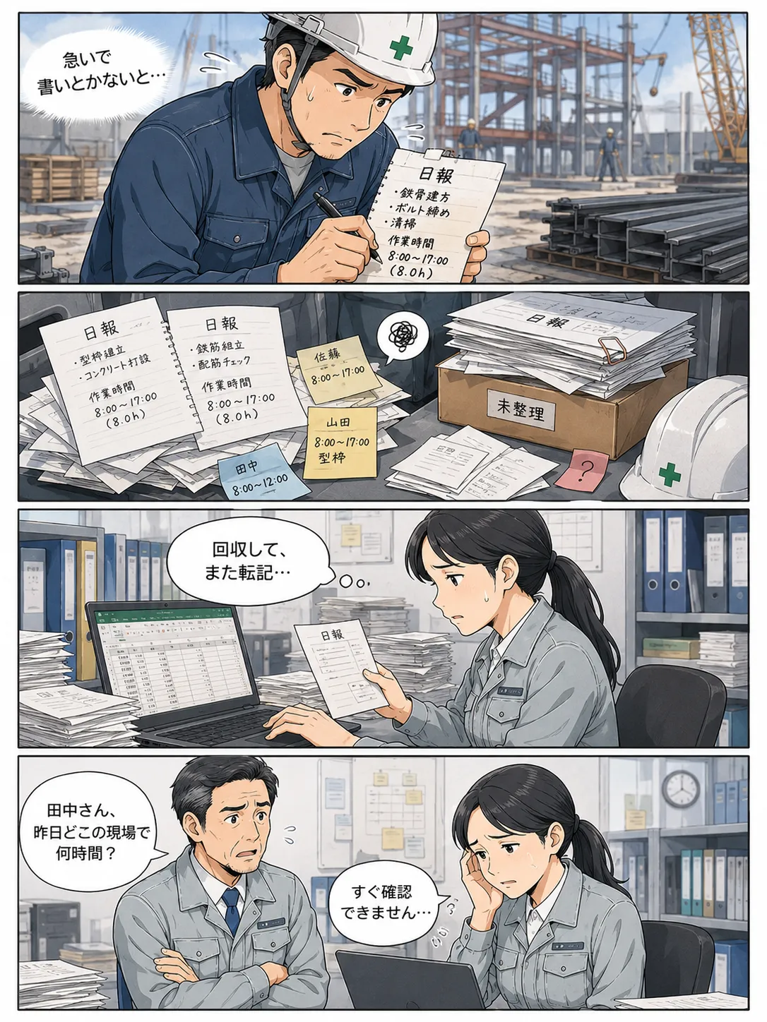 課題02：日報・出勤が紙やメモで、回収と転記に時間がかかる様子を描いた4コマ漫画