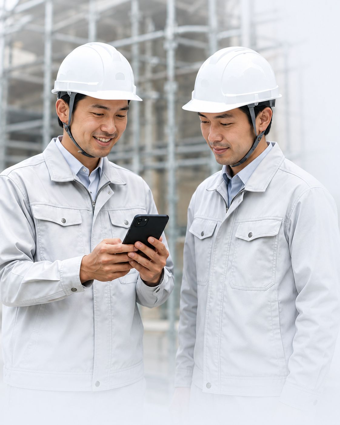 現場でスマートフォンを一緒に確認する二人の職人