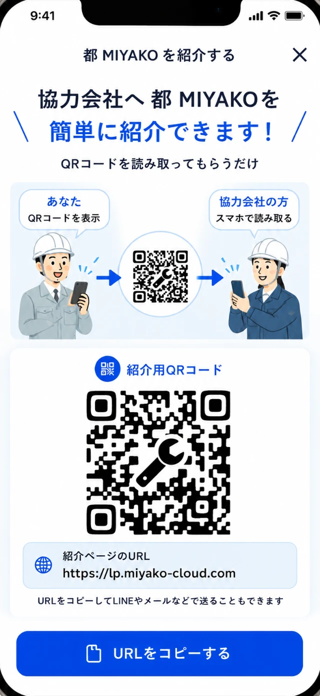都 MIYAKO を紹介する画面（QRコードとURL共有）